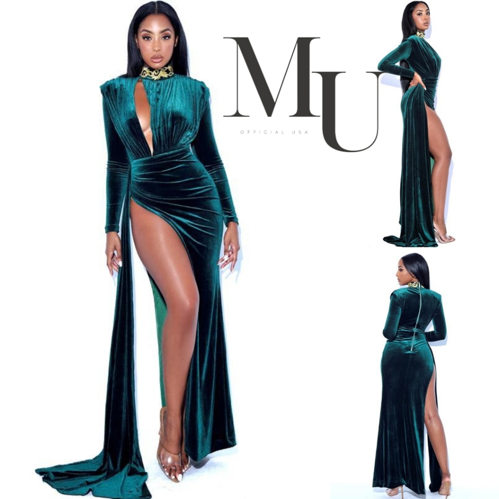 Zenaida Emerald Green Cutout High Slit Velvet Gown